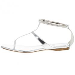 مملوكة مسبقًا Dior Silver Embellished T Strap Sandals Size 37