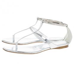 مملوكة مسبقًا Dior Silver Embellished T Strap Sandals Size 37
