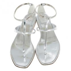 مملوكة مسبقًا Dior Silver Embellished T Strap Sandals Size 37