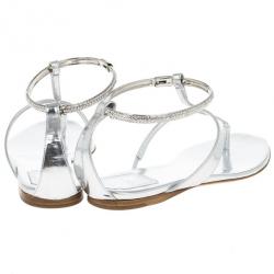 مملوكة مسبقًا Dior Silver Embellished T Strap Sandals Size 37