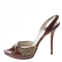 Dior Brown Leather and Diorissimo Canvas Platform Slingback Sandals Size 39