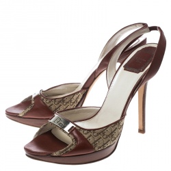 Dior Brown Leather and Diorissimo Canvas Platform Slingback Sandals Size 39