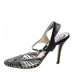 مملوكة مسبقًا Dior Grey/Black Leather and Satin Crystal Embellished Strappy Sandals Size 39.5