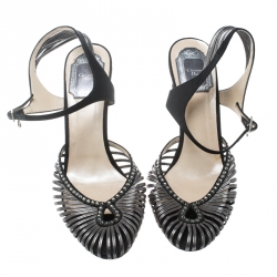 مملوكة مسبقًا Dior Grey/Black Leather and Satin Crystal Embellished Strappy Sandals Size 39.5