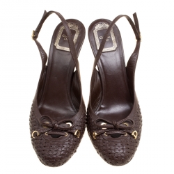 مملوكة مسبقًا صندل ديور فتحة كعب تفاصيل فيونكة ومضفر جلد بني مقاس 40