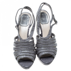 Pre Owned صندل ديور نعل سميك مقدمة مفتوحة سيور بوني جلد نقش تمساح رمادي مقاس 38