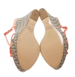 Pre Owned Dior Orange Leather and Diorissimo Canvas Wedge Sandals Size 36.5
