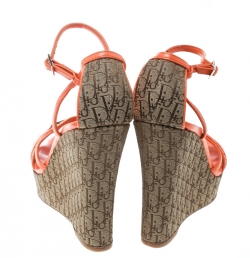 Pre Owned Dior Orange Leather and Diorissimo Canvas Wedge Sandals Size 36.5