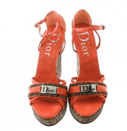 Pre Owned Dior Orange Leather and Diorissimo Canvas Wedge Sandals Size 36.5
