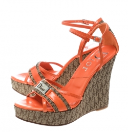 Pre Owned Dior Orange Leather and Diorissimo Canvas Wedge Sandals Size 36.5
