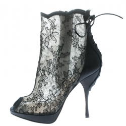 مملوكة مسبقًا Dior Black Lace And Satin Mock Lace Up Peep Toe Ankle Booties Size 36