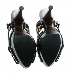 Pre Owned صندل ديور نعل سميك سيور كاحل شعر مهر طباعة فهد وسويدي أسود مقاس 37