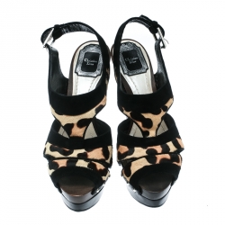 Pre Owned صندل ديور نعل سميك سيور كاحل شعر مهر طباعة فهد وسويدي أسود مقاس 37