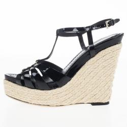 Pre Owned Dior Black Patent CD2 T Strap Espadrilles Wedges Size 38.5