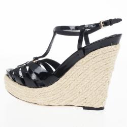 Pre Owned Dior Black Patent CD2 T Strap Espadrilles Wedges Size 38.5
