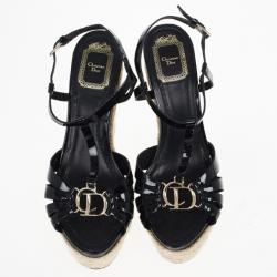 Pre Owned Dior Black Patent CD2 T Strap Espadrilles Wedges Size 38.5
