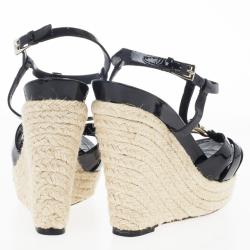 Pre Owned Dior Black Patent CD2 T Strap Espadrilles Wedges Size 38.5