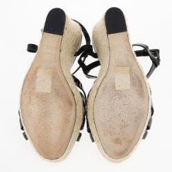 Pre Owned Dior Black Patent CD2 T Strap Espadrilles Wedges Size 38.5