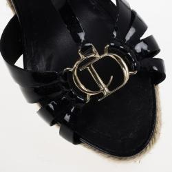 Pre Owned Dior Black Patent CD2 T Strap Espadrilles Wedges Size 38.5