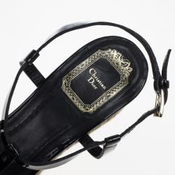 Pre Owned Dior Black Patent CD2 T Strap Espadrilles Wedges Size 38.5