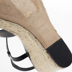 Pre Owned Dior Black Patent CD2 T Strap Espadrilles Wedges Size 38.5