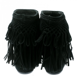 Pre Owned Dior Black Suede Fringe Ankle Length Booties Size 35.5