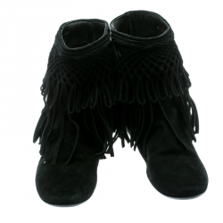 Pre Owned Dior Black Suede Fringe Ankle Length Booties Size 35.5