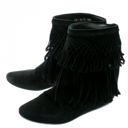 Pre Owned Dior Black Suede Fringe Ankle Length Booties Size 35.5