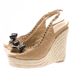 مملوكة مسبقًا Dior Beige Cannage Leather Espadrille Wedge Peep Toe Slingback Platform Sandals Size 38