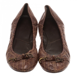 Pre Owned Dior Brown Cannage Leather Bow Detail Ballet Flats Size 39