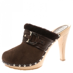 مملوكة مسبقًا Dior Brown Suede And Wool Trim Clogs Size 38