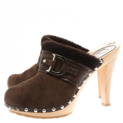 مملوكة مسبقًا Dior Brown Suede And Wool Trim Clogs Size 38