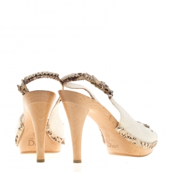 مملوكة مسبقًا صندل ديور فتحة كعب حواف جلد ثعبان وكانفاس أبيض مقاس 37.5