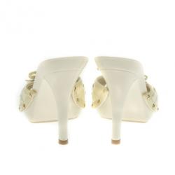 Pre Owned Christian Dior White Cannage Patent Bow Slides Size 36