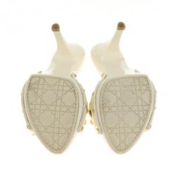 Pre Owned Christian Dior White Cannage Patent Bow Slides Size 36
