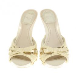 Pre Owned Christian Dior White Cannage Patent Bow Slides Size 36