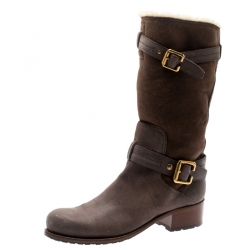 مملوكة مسبقًا Dior Two Tone Nubuck/Leather Buckle Detail Mid Calf Boots Size 39