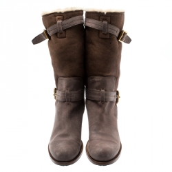 مملوكة مسبقًا Dior Two Tone Nubuck/Leather Buckle Detail Mid Calf Boots Size 39