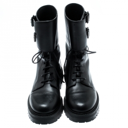 Pre Owned حذاء بوت ديور D فايت كومبات جلد أسود مقاس 36.5