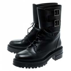 Pre Owned حذاء بوت ديور D فايت كومبات جلد أسود مقاس 36.5