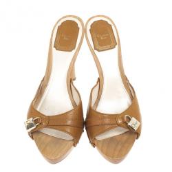Pre Owned Dior Wooden Camel Leather Mules Size 39