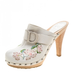 Dior White Floral Embroidered Leather Platform Clogs Size 36
