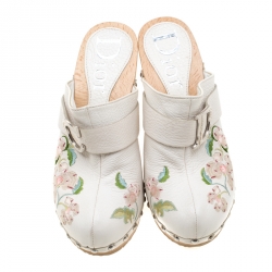 Dior White Floral Embroidered Leather Platform Clogs Size 36