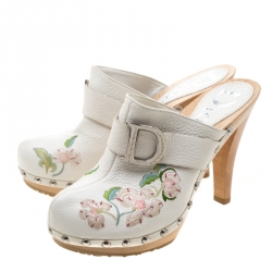 Dior White Floral Embroidered Leather Platform Clogs Size 36