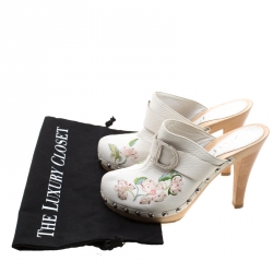 Dior White Floral Embroidered Leather Platform Clogs Size 36