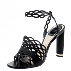 Dior Black Laser Cut Leather Tattoo Ankle Wrap Sandals Size 38