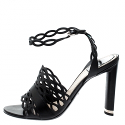 Dior Black Laser Cut Leather Tattoo Ankle Wrap Sandals Size 38