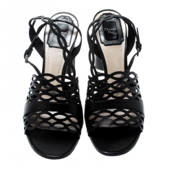 Dior Black Laser Cut Leather Tattoo Ankle Wrap Sandals Size 38