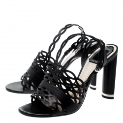 Dior Black Laser Cut Leather Tattoo Ankle Wrap Sandals Size 38
