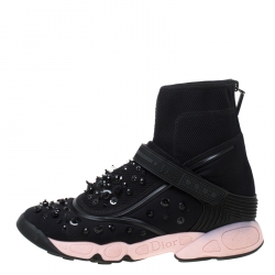 Pre Owned حذاء رياضي ديور تكنو فيوجون مرتفع من أعلى قماش مزخرف أسود مقاس 39